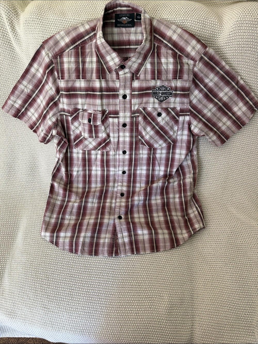 Harley-Davidson Short Sleeve Plaid Button-Up in Burgundy and White